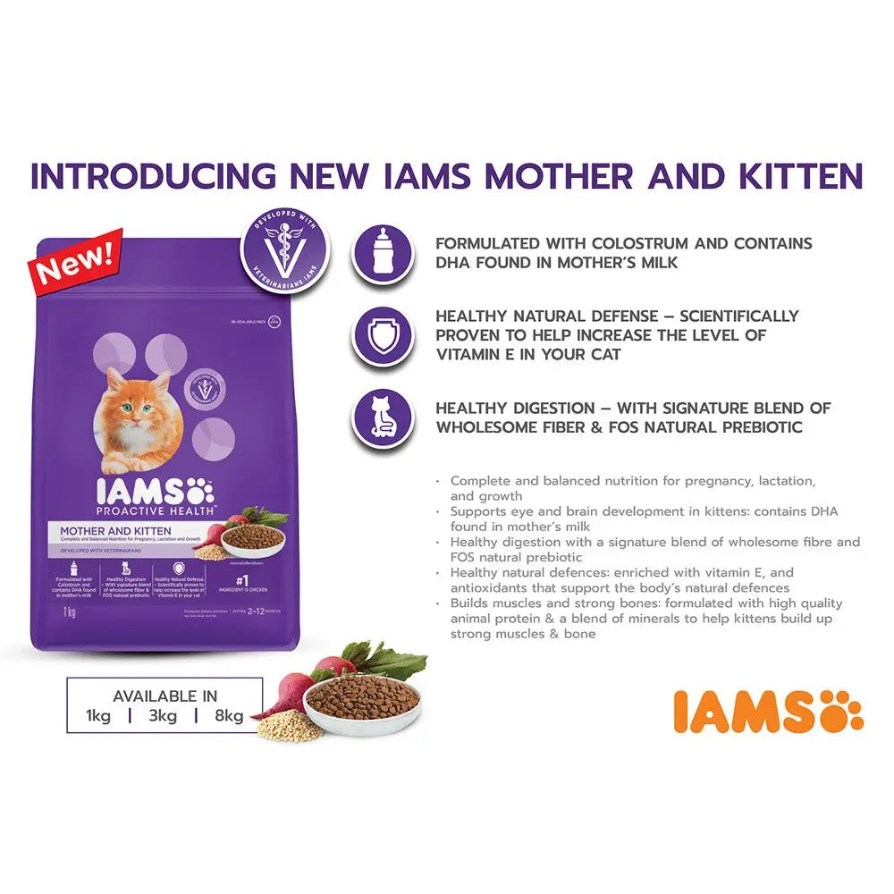 IAMS Mother and Kitten food bag, enriched with DHA, colostrum, and natural prebiotics for healthy growth.
