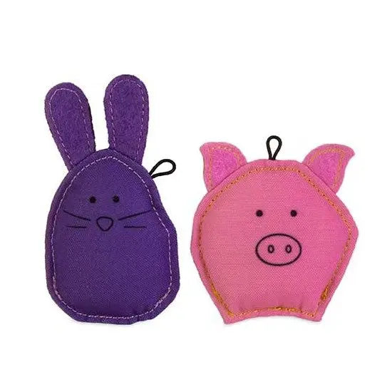 Colorful plush bunny and pig toys for interactive play and sensory development.