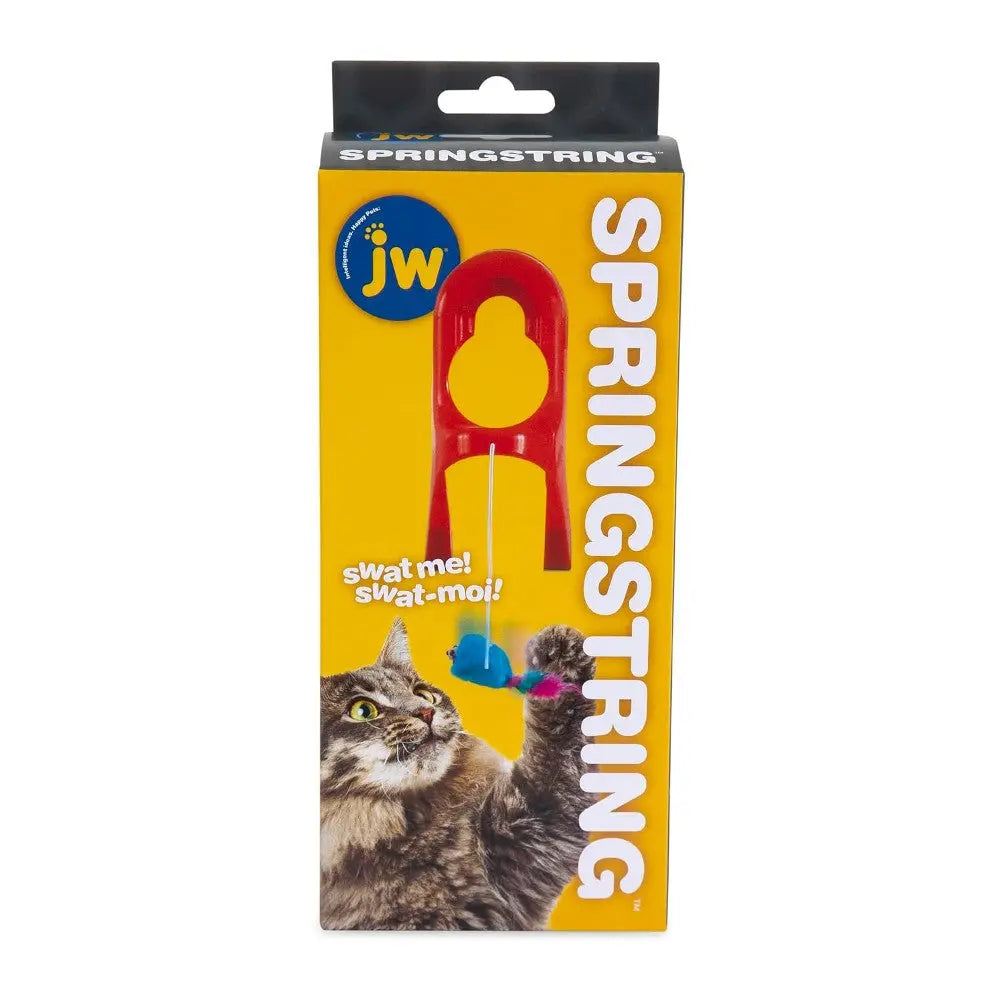 Cat toy packaging featuring the JW Springstring, designed for interactive play and engagement.