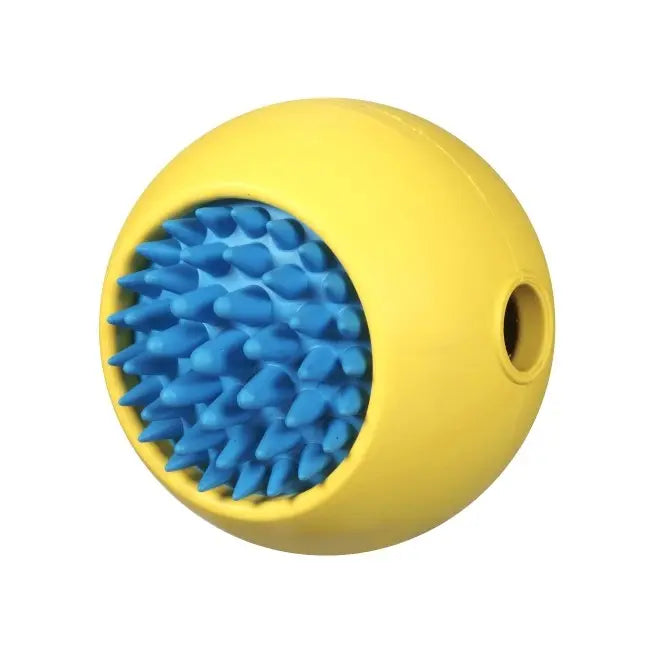 Yellow rubber ball with blue spikes, perfect for pet play and dental health.