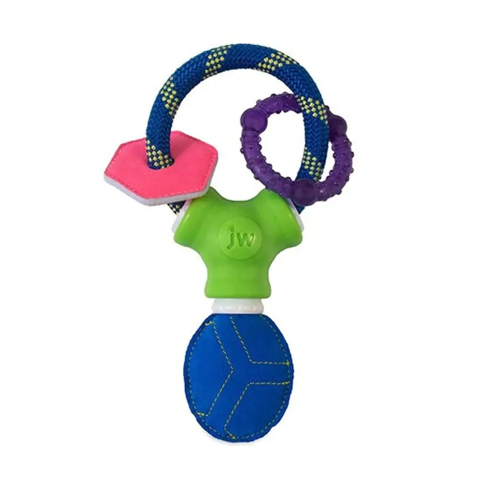 Colorful dog toy with a textured ball and rope for interactive play and dental health.