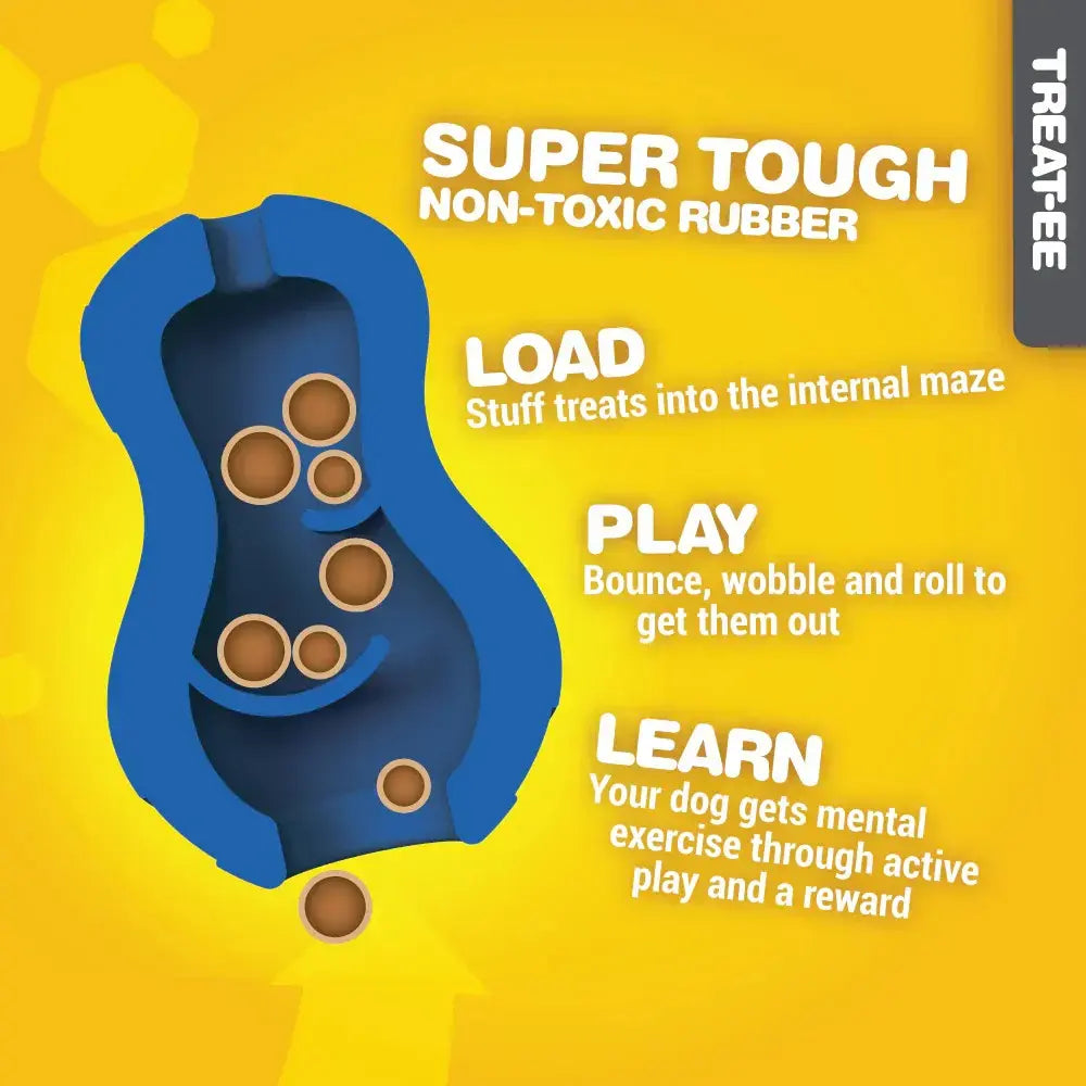 Super tough non-toxic rubber dog toy for loading treats, promoting play and mental exercise.