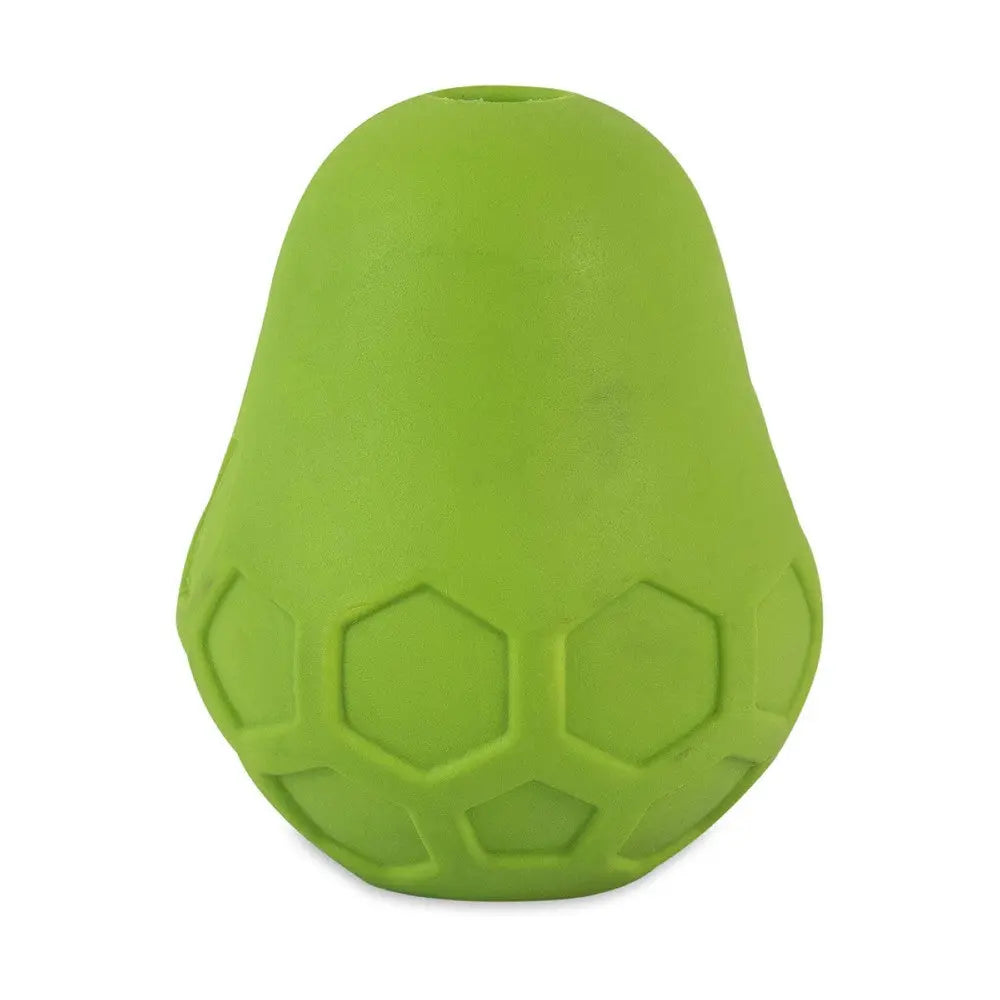 Green rubber dog toy with a honeycomb design for interactive play and chewing.