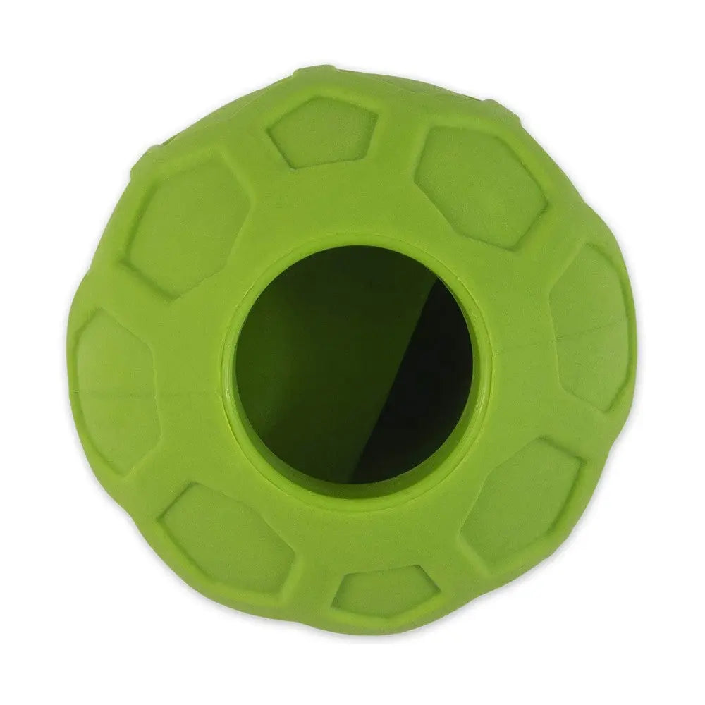 Green rubber dog toy designed for interactive play and chewing.