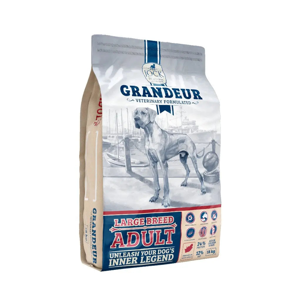 Large breed dog food bag featuring Grandeur formula with nutritional information and a dog illustration.