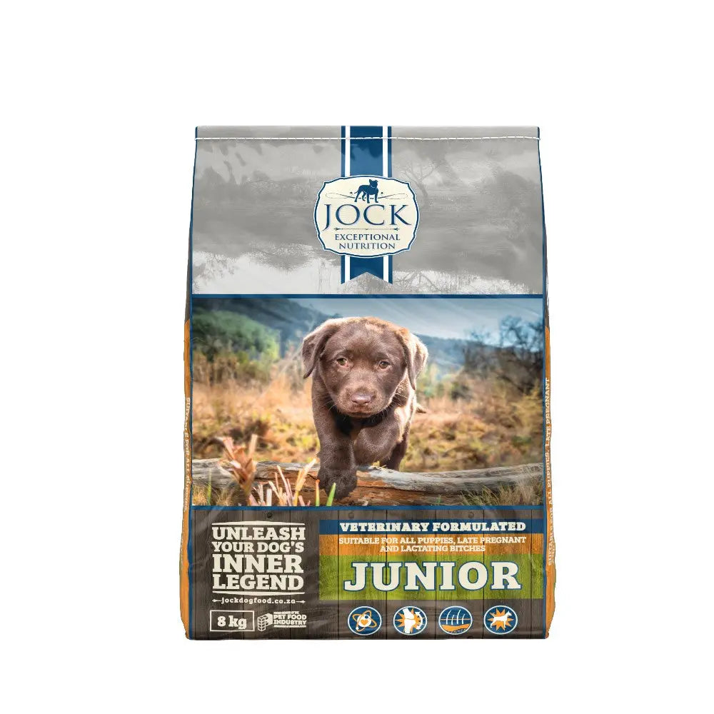 Dog food bag for puppies, featuring a Labrador on the label, promoting balanced nutrition for growth.