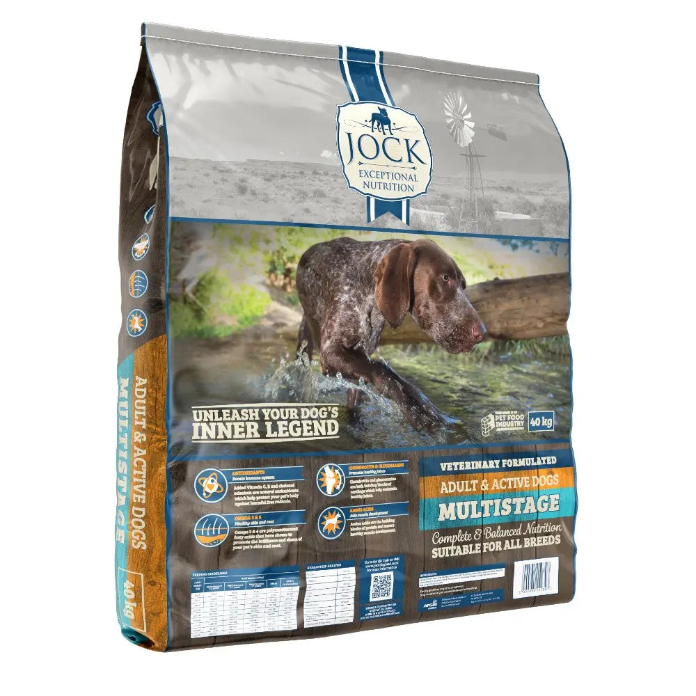 Dog food bag for adult and active dogs, featuring a nutritious multistage formula for all breeds.