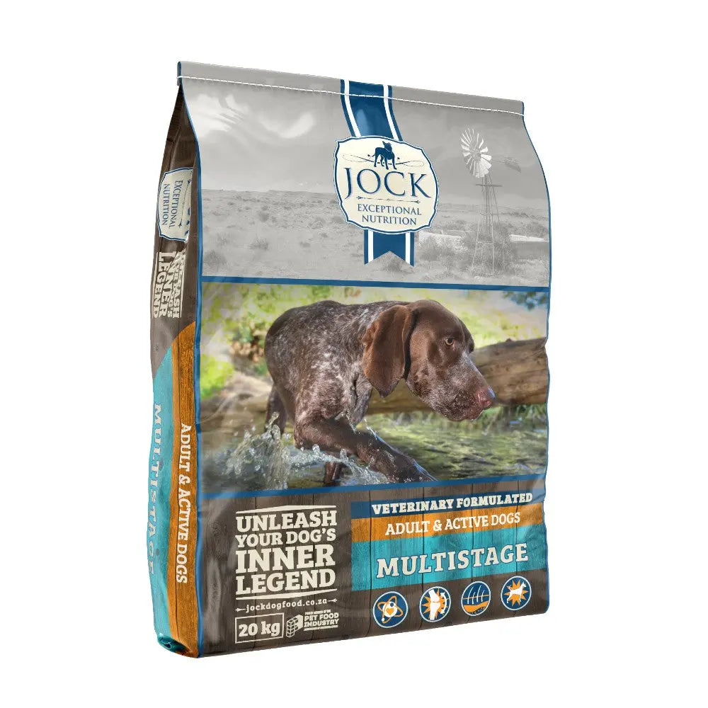 Dog food bag for adult and active dogs, featuring a multistage formula and veterinary-approved nutrition.