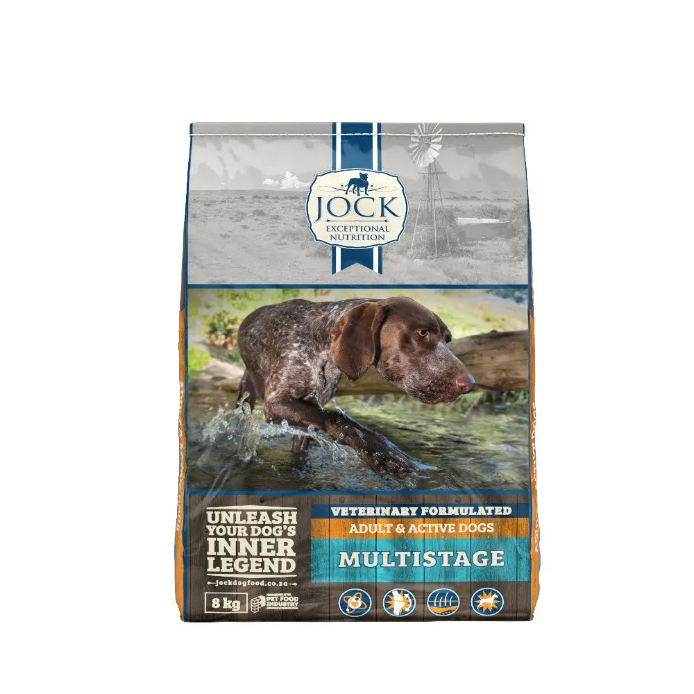 Dog food bag for adult and active dogs, featuring a veterinary-formulated multistage nutrition blend.