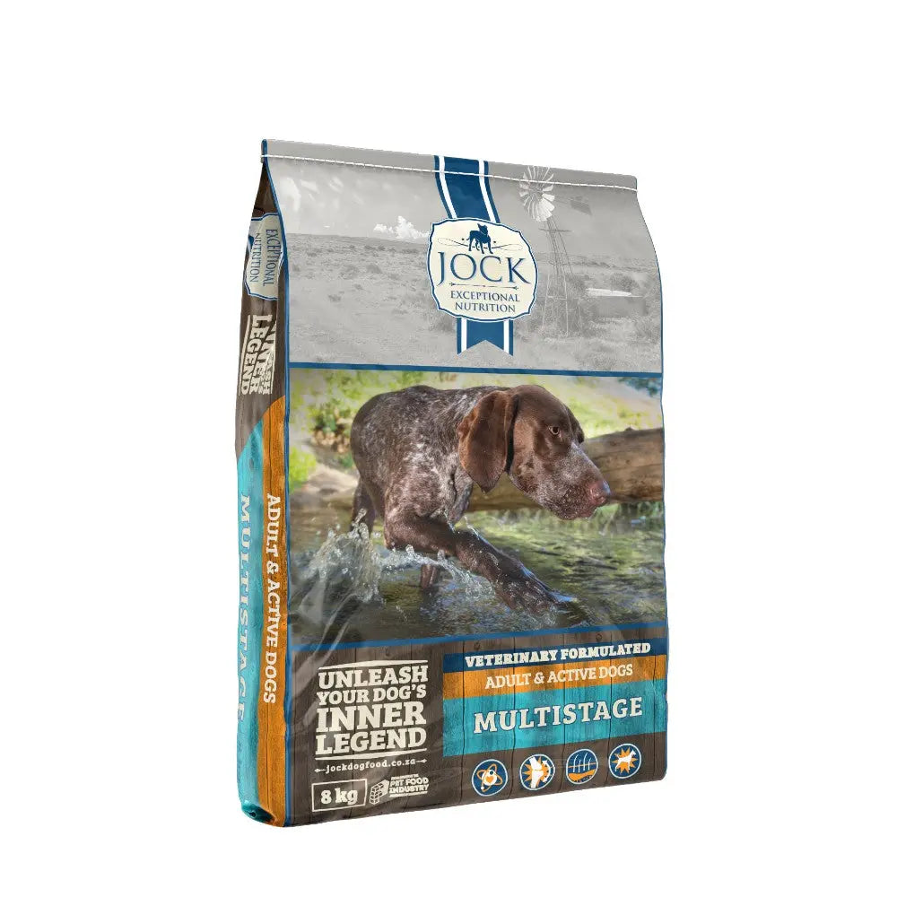 Dog food bag for active dogs, featuring a water-loving dog and a multistage nutrition label.