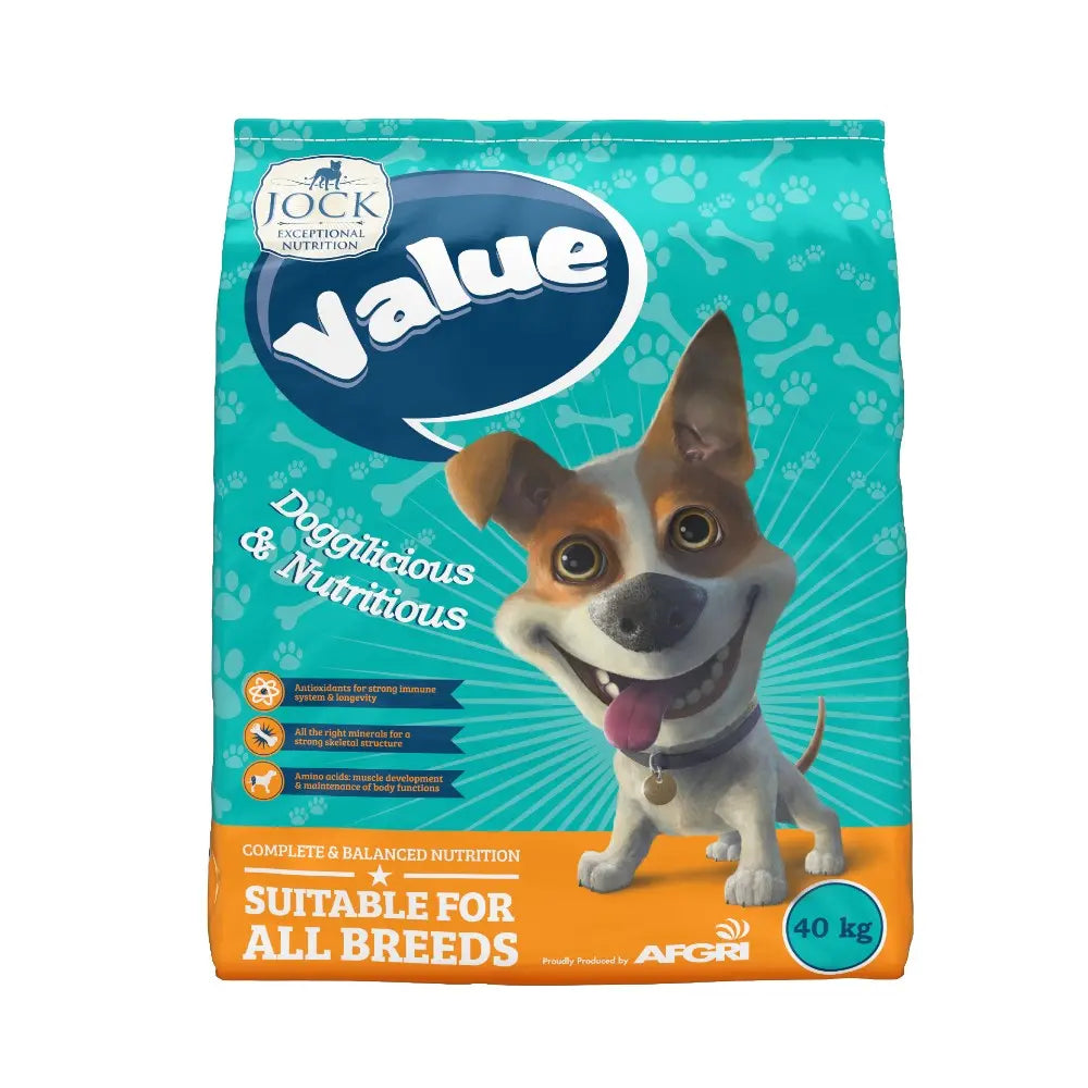 Dog food bag featuring a happy dog, labeled "Value," suitable for all breeds, 40 kg, nutritious ingredients.