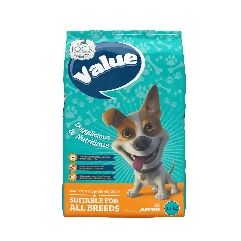 Dog food bag featuring a happy dog, labeled "Value," suitable for all breeds, 25 kg, nutritious ingredients.