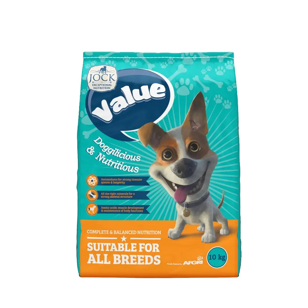 Value dog food bag, 10 kg, nutritious formula suitable for all breeds with a happy dog graphic.