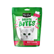 Kit Cat Breath Bites beef flavor cat treats with mint for fresh breath and dental health.
