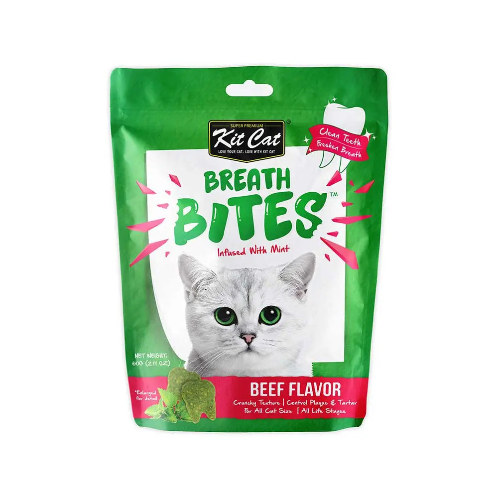 Kit Cat Breath Bites beef flavor cat treats with mint for fresh breath and dental health.