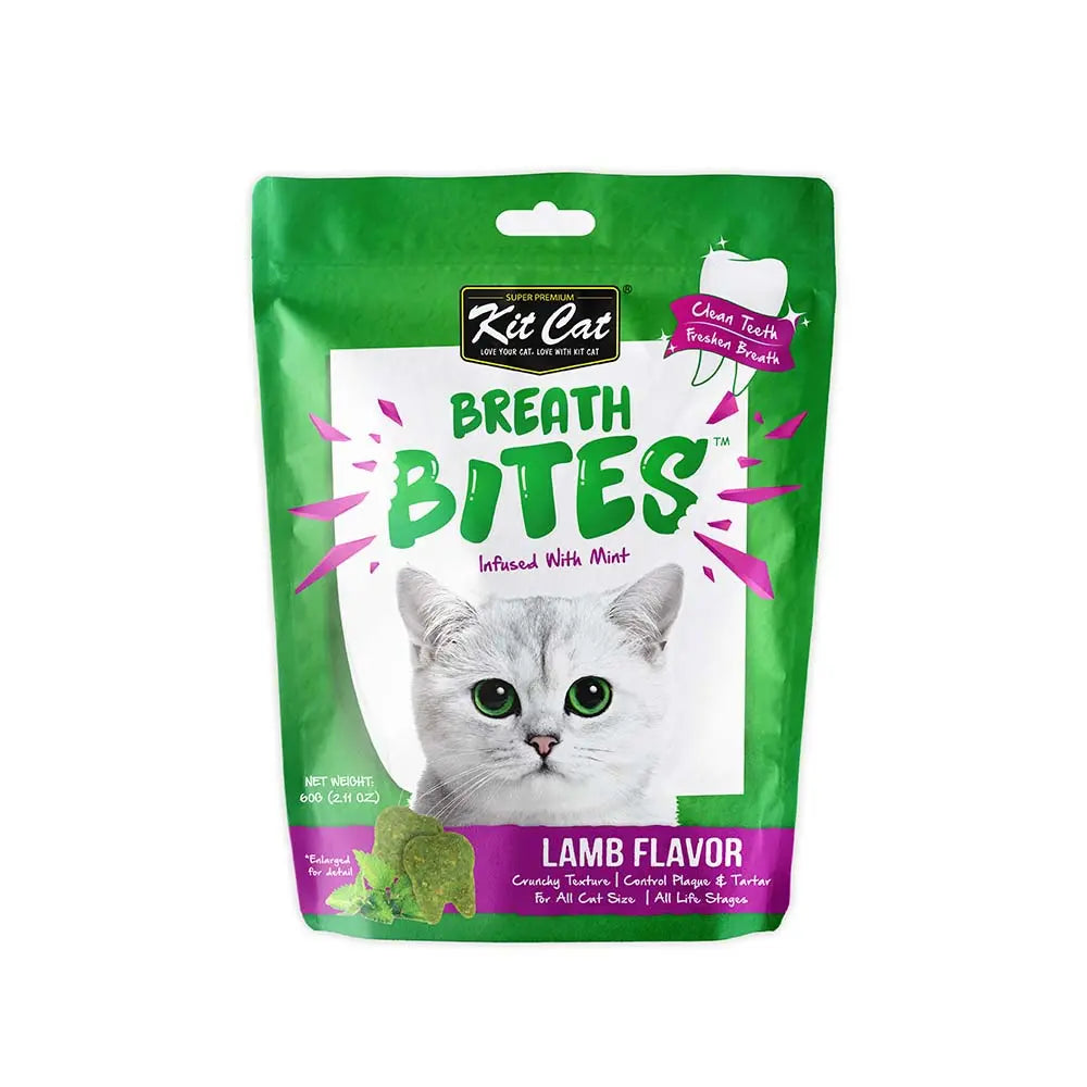 Kit Cat Breath Bites for cats, lamb flavor, mint-infused, promotes fresh breath and dental health.