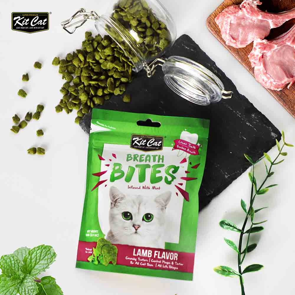 Kit Cat Breath Bites in lamb flavor, featuring natural ingredients for fresh cat breath and healthy treats.