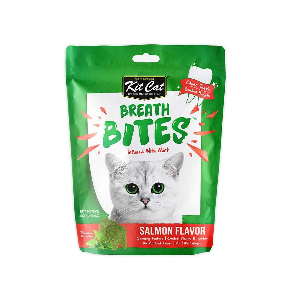 Kit Cat Breath Bites salmon flavor cat treats for fresh breath and dental health, infused with mint.