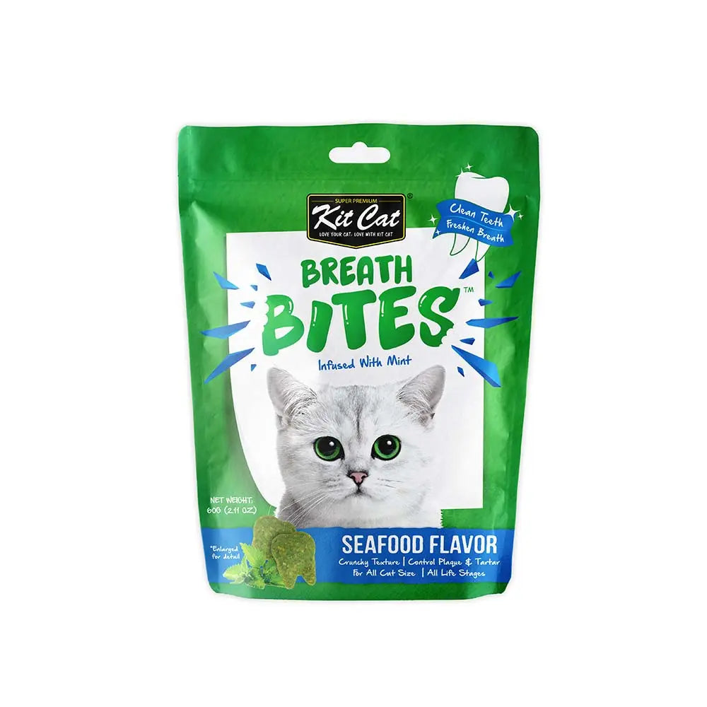 Kit Cat Breath Bites seafood flavor cat treats with mint for fresh breath and clean teeth.