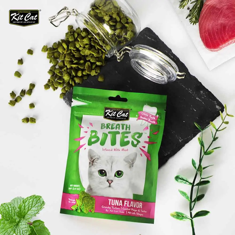 Kit Cat Breath Bites tuna flavor cat treats with mint, promoting fresh breath and healthy teeth.