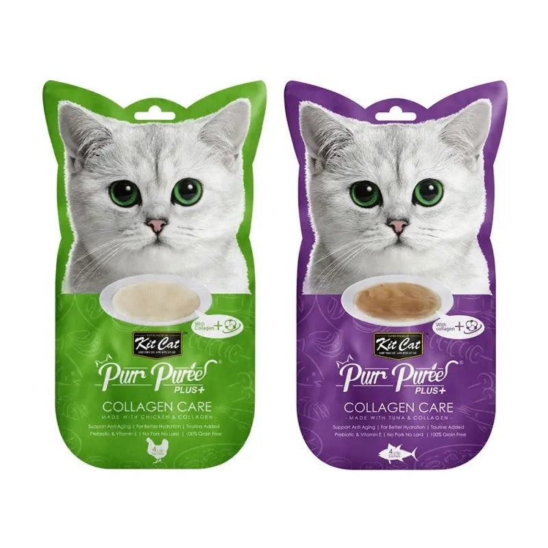 Collagen Care cat food pouches featuring a playful cat design and nutritious ingredients for feline health.