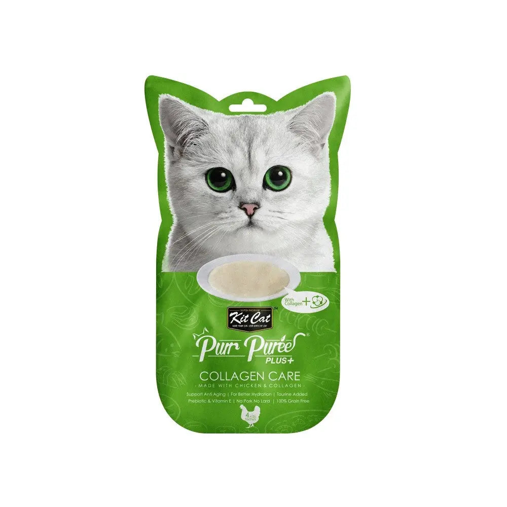 Collagen care cat food pouch featuring a cute cat design and chicken ingredients for healthy skin and coat.