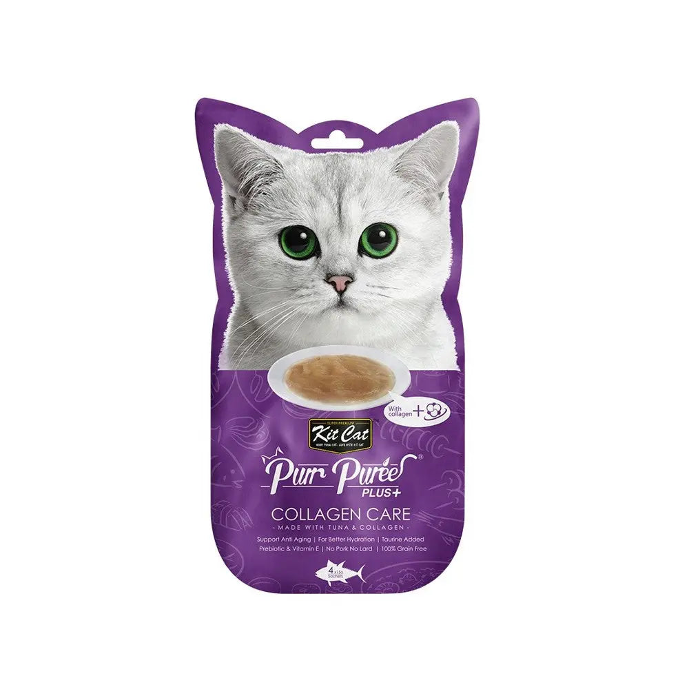 Collagen care cat food pouch featuring a silver cat with green eyes and a purple design.