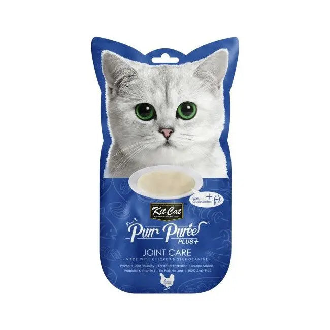 Purr Puree Plus+ Joint Care for cats, featuring a playful design and nutritious ingredients for joint health.