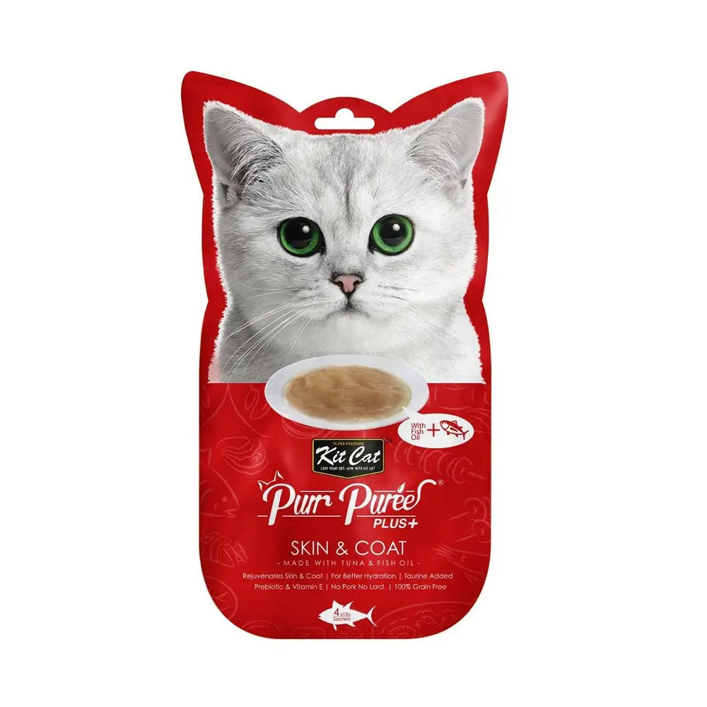 Kit Cat Purée Plus for cats, promoting healthy skin and coat with tuna and fish oils in a convenient pouch.