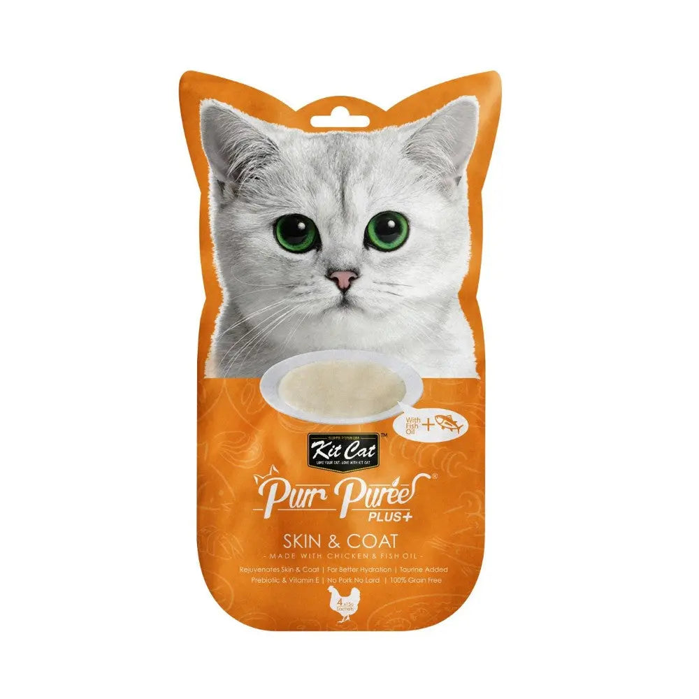 Cat food pouch featuring a creamy puree for skin and coat health, made with chicken and fish oil.