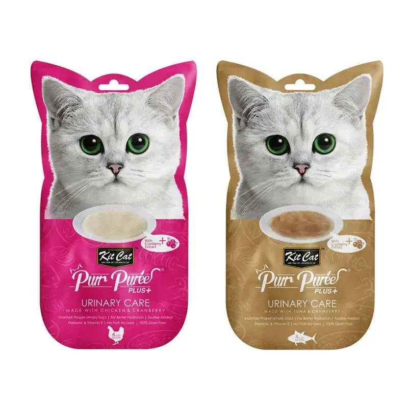 Kit Cat Purr Puree Plus+ urinary care cat food pouches in pink and gold packaging.