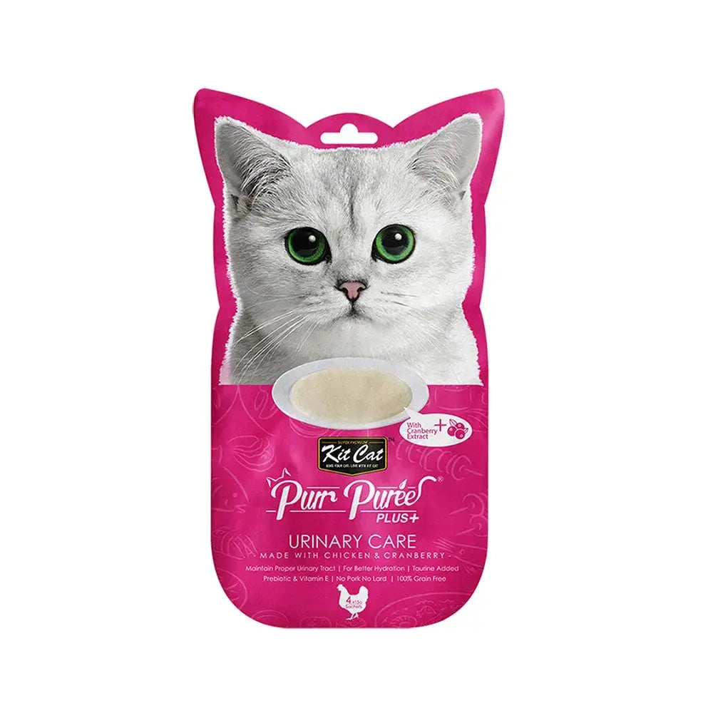 Kit Cat Purr Puree Plus urinary care for cats, featuring chicken and cranberry in a convenient pouch.