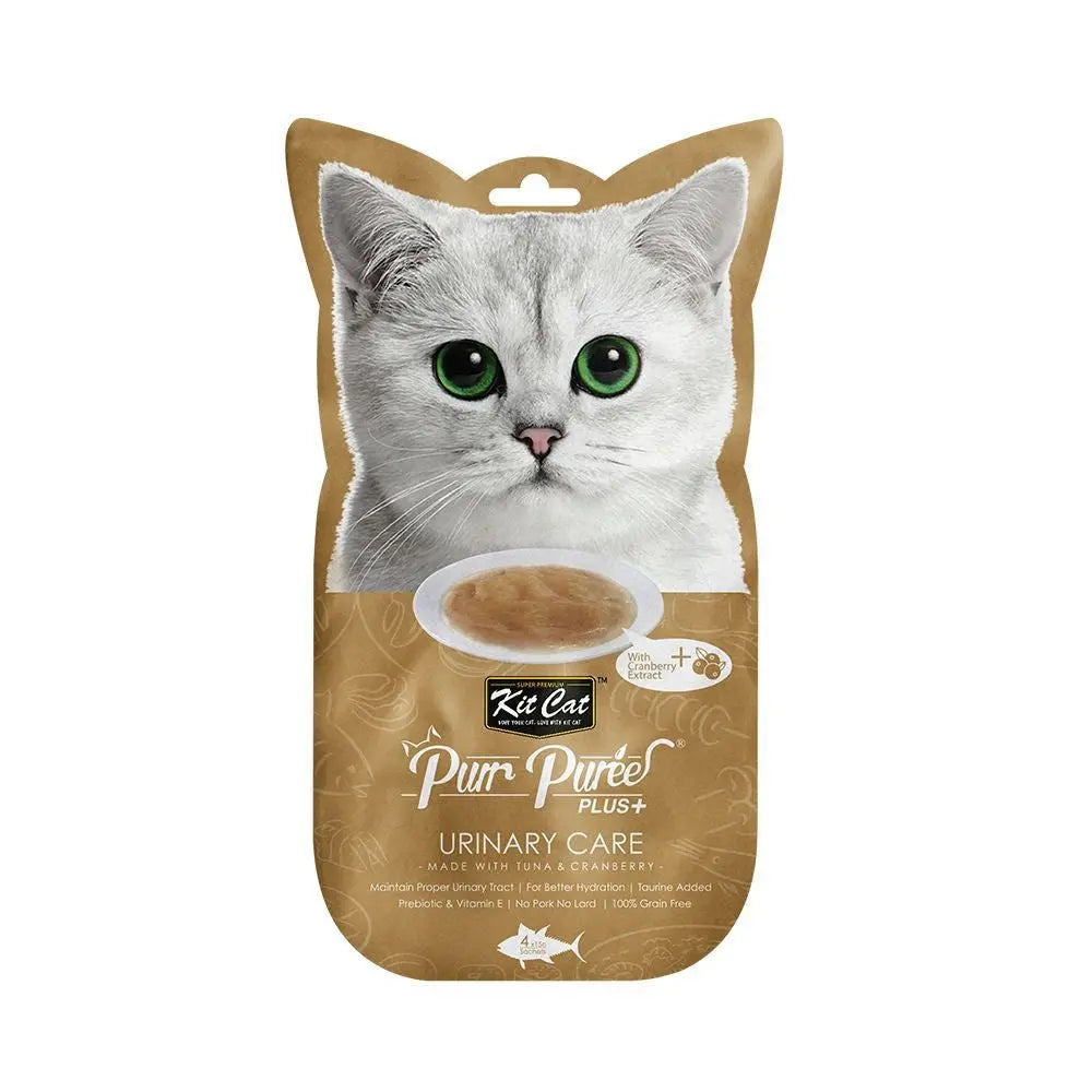 Cat food pouch for urinary care, featuring a creamy puree and a playful cat design.