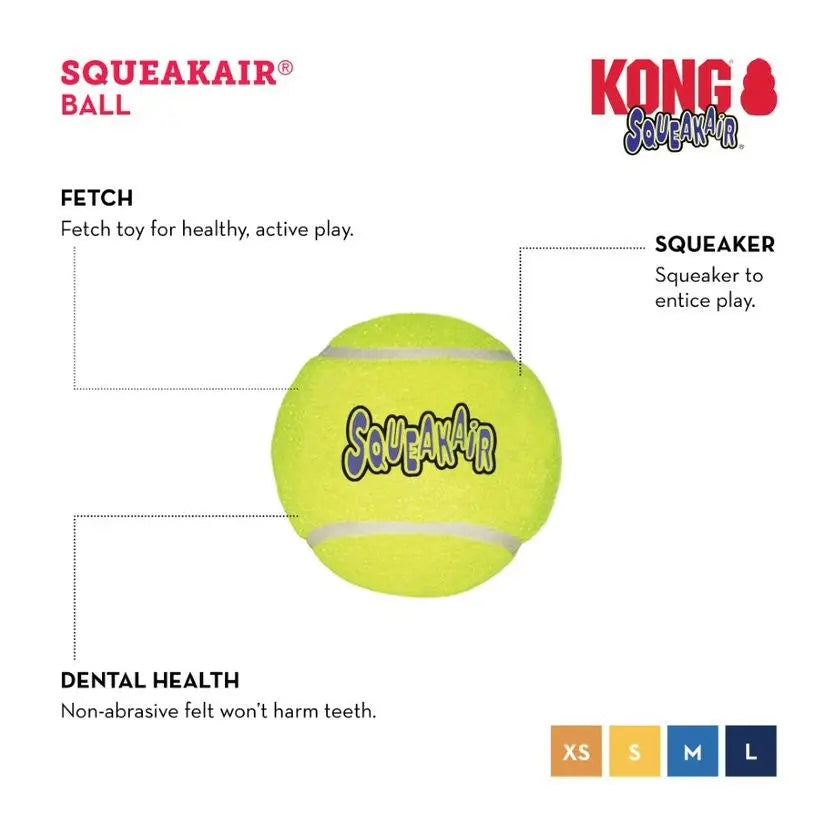 Bright yellow Squeakair ball for dogs, promoting active play and dental health with a fun squeaker.