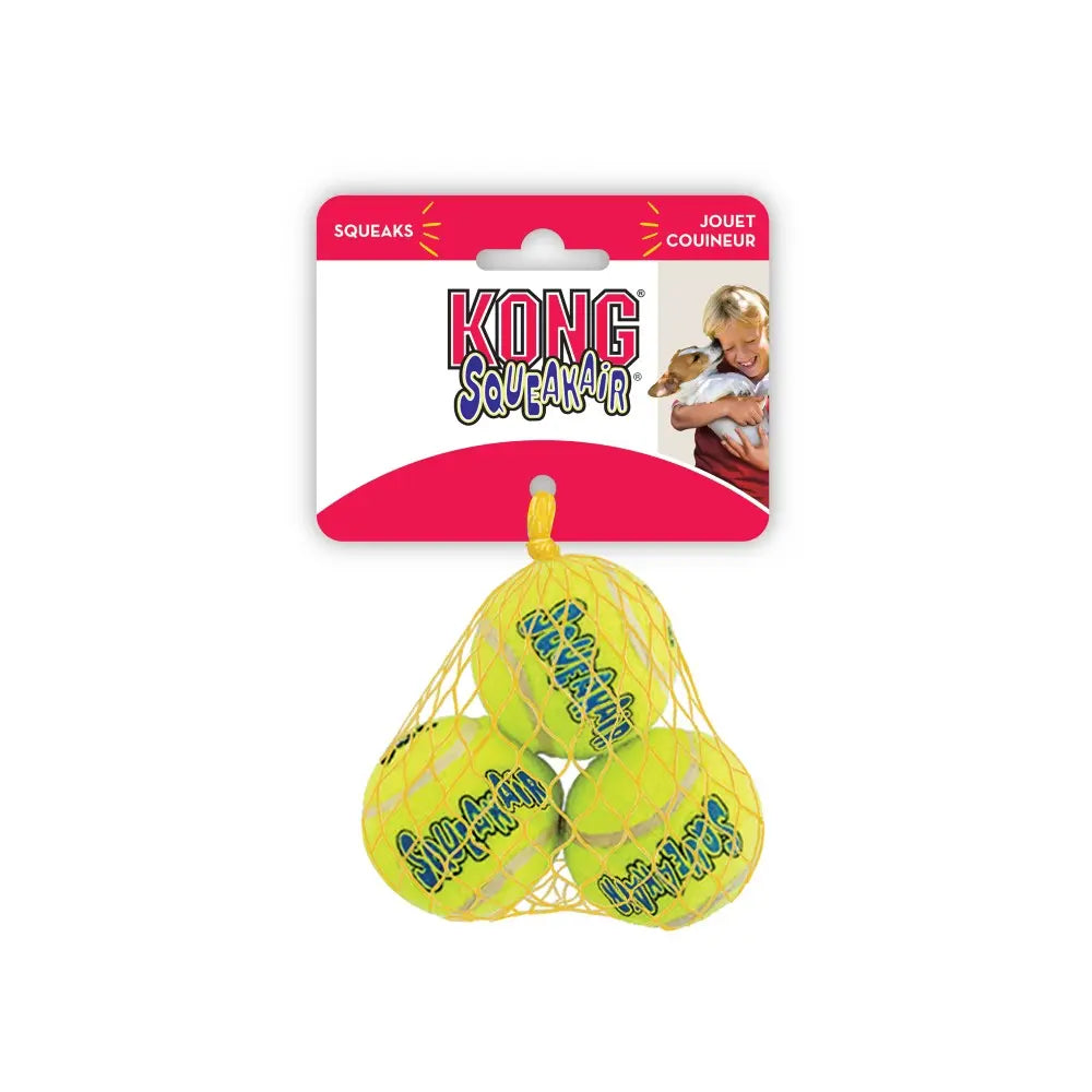 KONG Squeakair dog toy balls in a mesh bag, perfect for fetch and playtime fun.