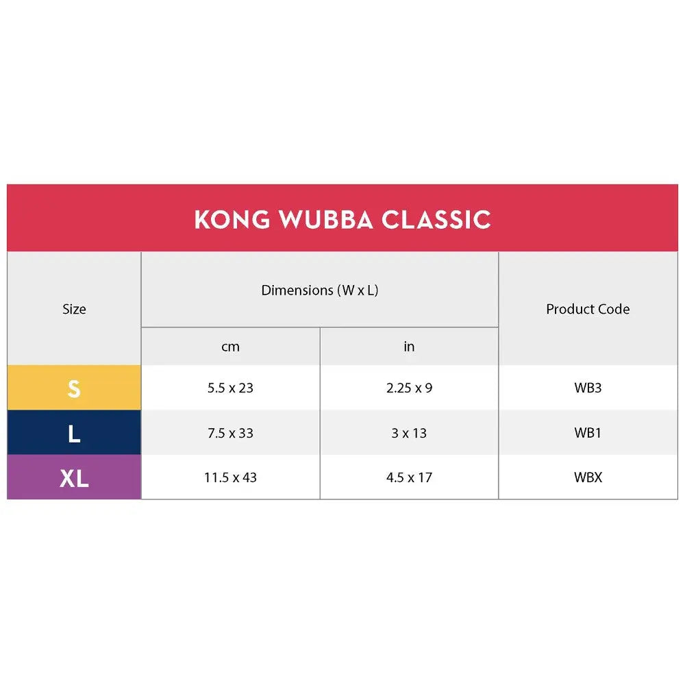 KONG Wubba Classic size chart with dimensions and product codes for small, large, and extra-large options.
