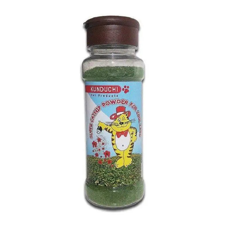 Kunduchi super catnip powder in a clear bottle, ideal for enticing and entertaining cats.