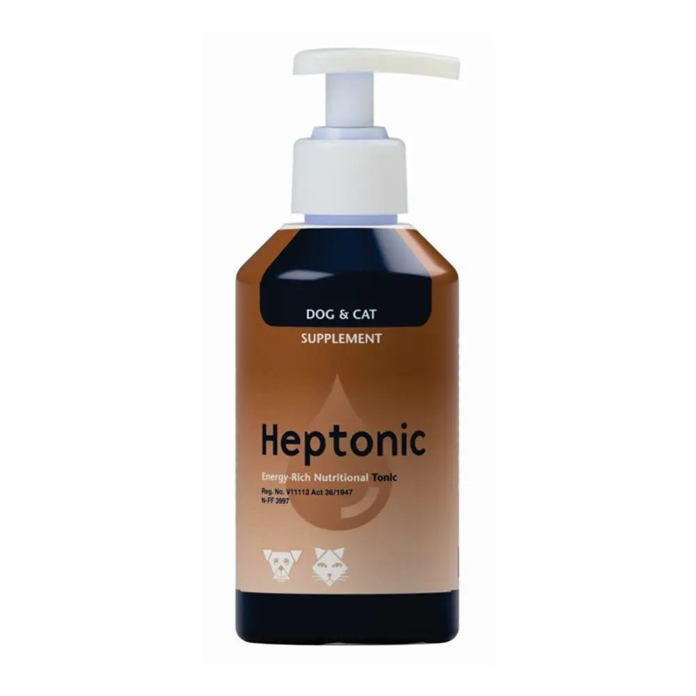 Heptonic energy-rich nutritional tonic for dogs and cats in a convenient pump bottle.