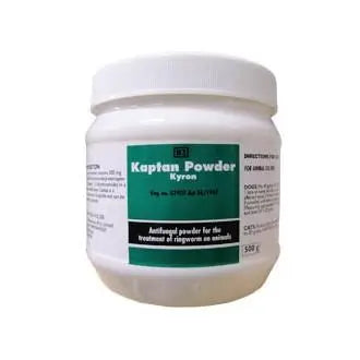 Kaptan Powder in a white container for treating ringworm in animals.