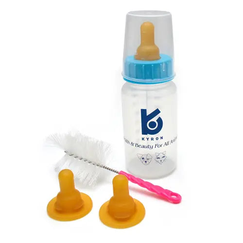 Pet feeding bottle set with two nipples and cleaning brush for easy feeding and maintenance.