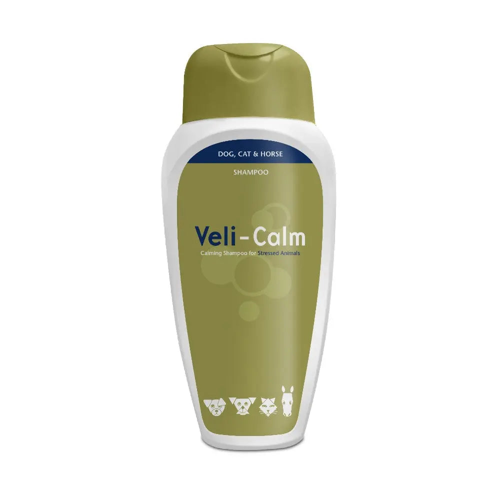 Veli-Calm shampoo for dogs, cats, and horses, designed to soothe stressed animals.
