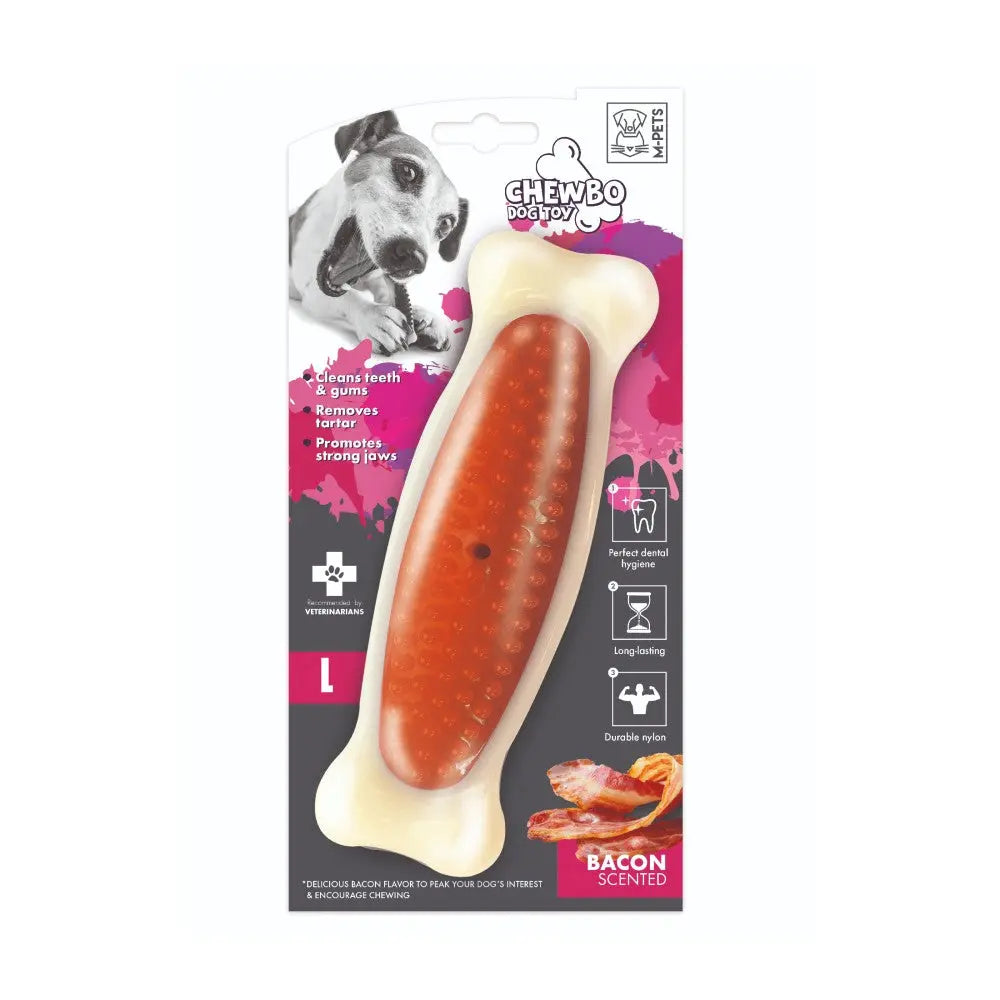 Bacon-scented dog chew toy for dental health and long-lasting enjoyment.