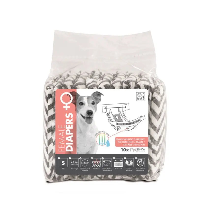 Female dog diapers in a pack of 10, designed for comfort and leak protection.