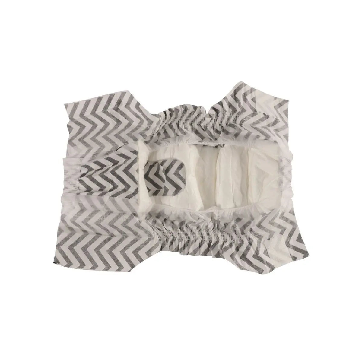Gray chevron-patterned diaper with elastic edges for a secure fit and comfort.