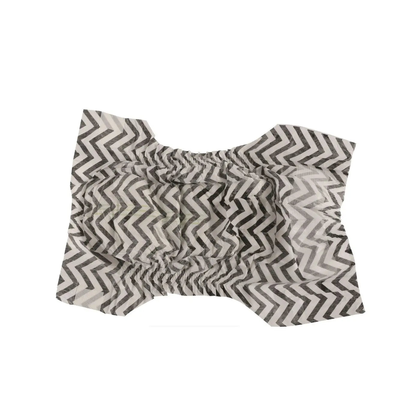 Chevron-patterned disposable diaper with elastic edges for a secure fit.