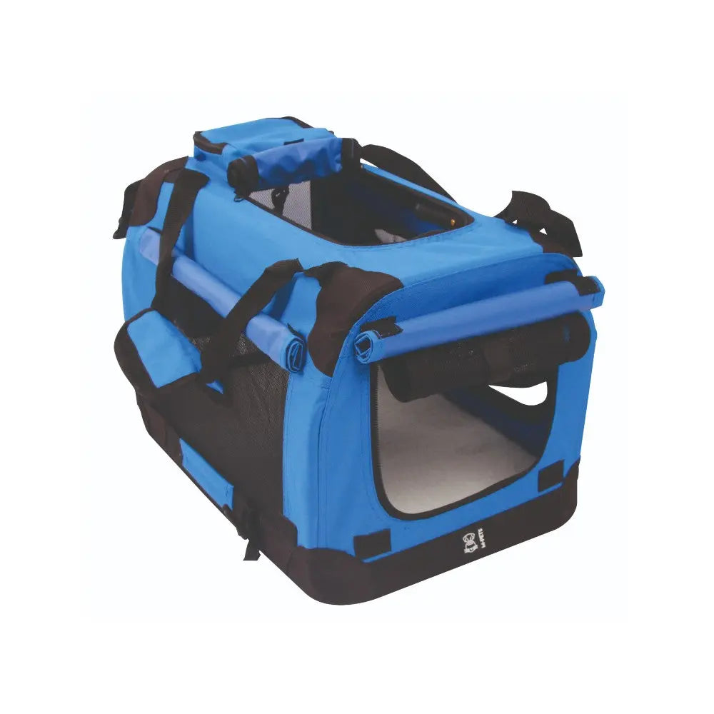 Blue pet carrier with mesh panels and adjustable straps for comfortable travel.