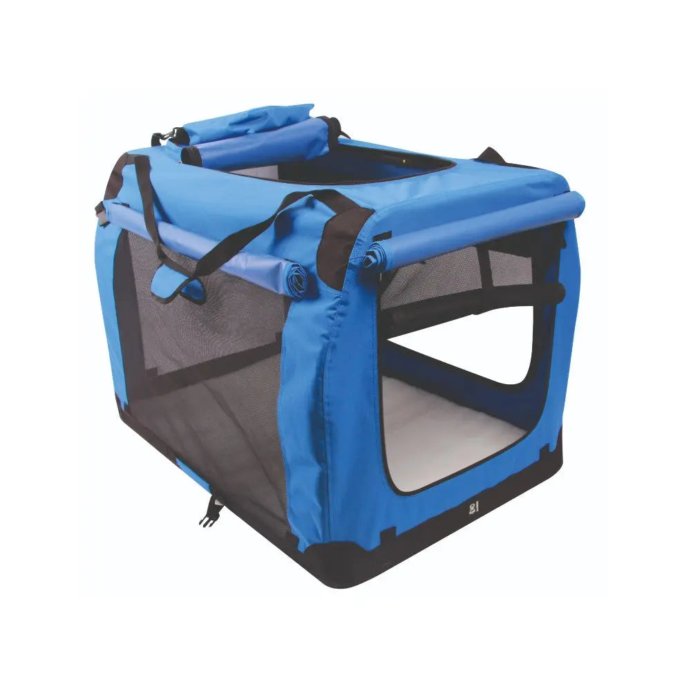 Portable blue pet crate with mesh panels for ventilation and easy access.
