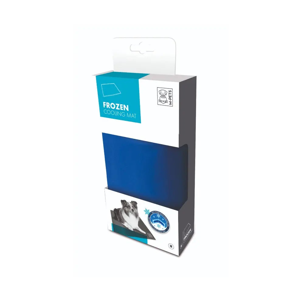 Frozen cooling mat packaging for pets, featuring a blue design and easy-to-read label.