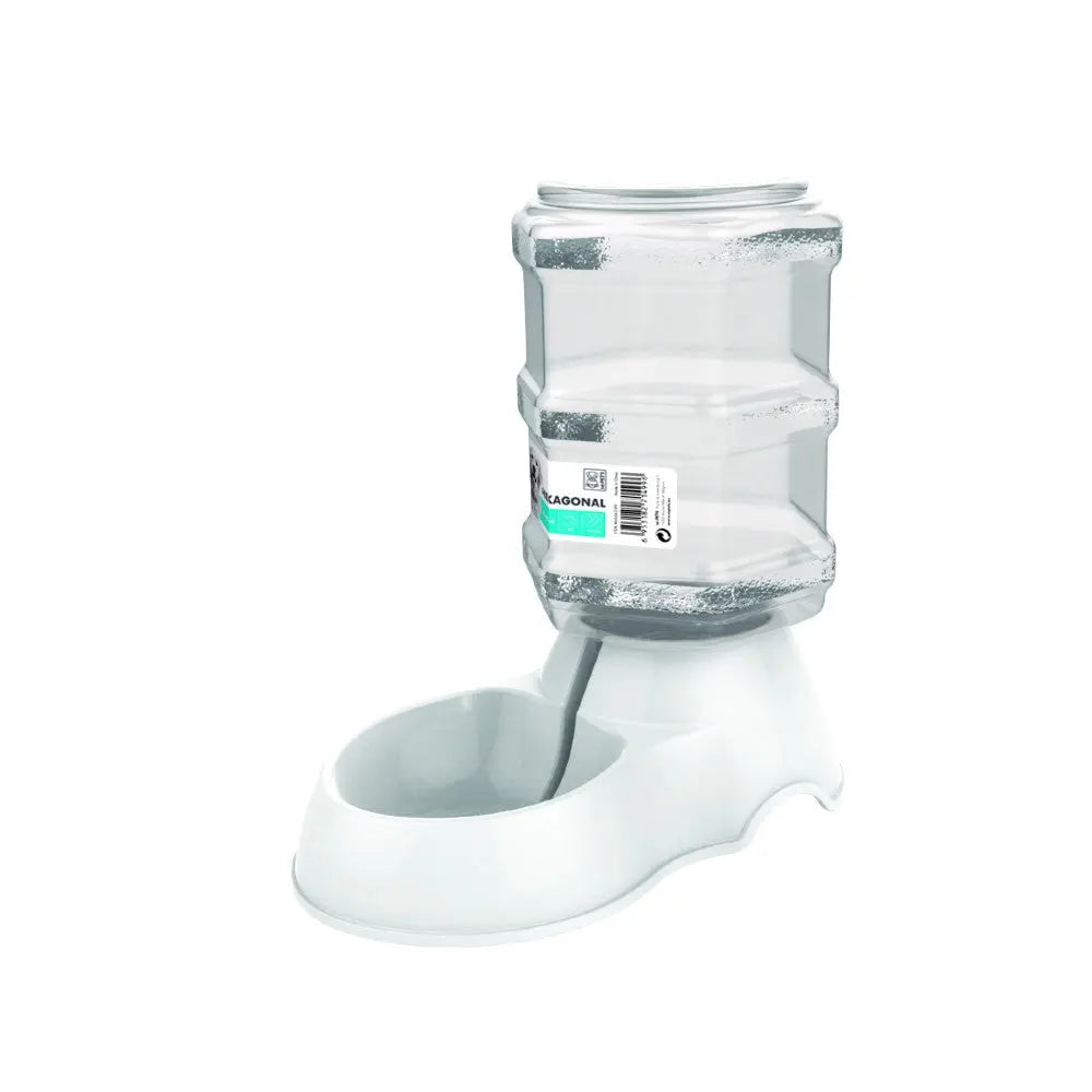 Pet water dispenser with a large transparent reservoir and a white base for easy hydration.