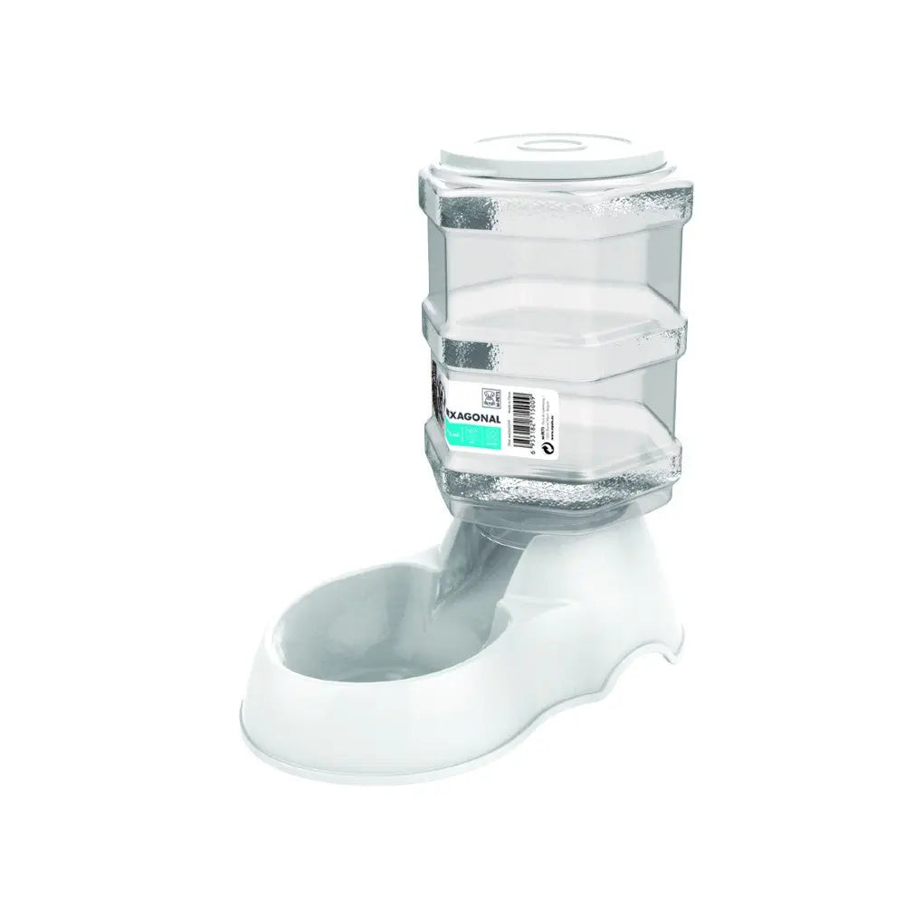 Pet water dispenser with a clear reservoir and a white base for easy hydration.
